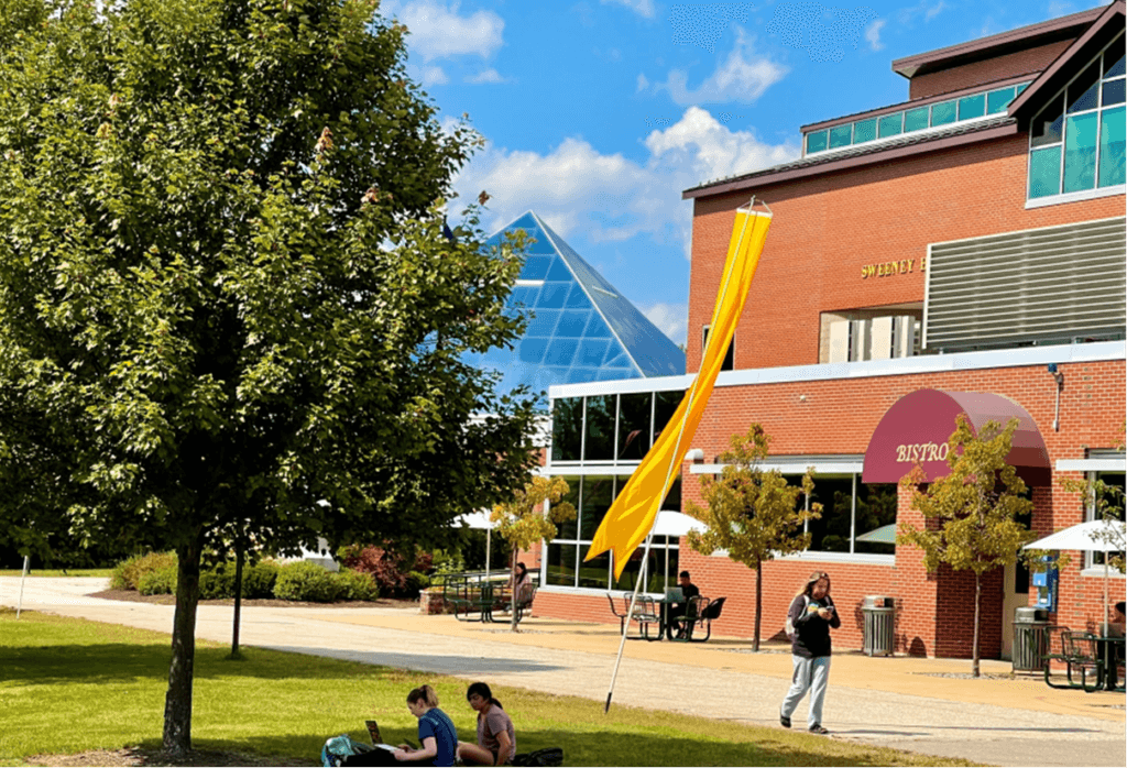 View of the McAuliffe-Shepard Discovery Center pyramid from NHTI's campus