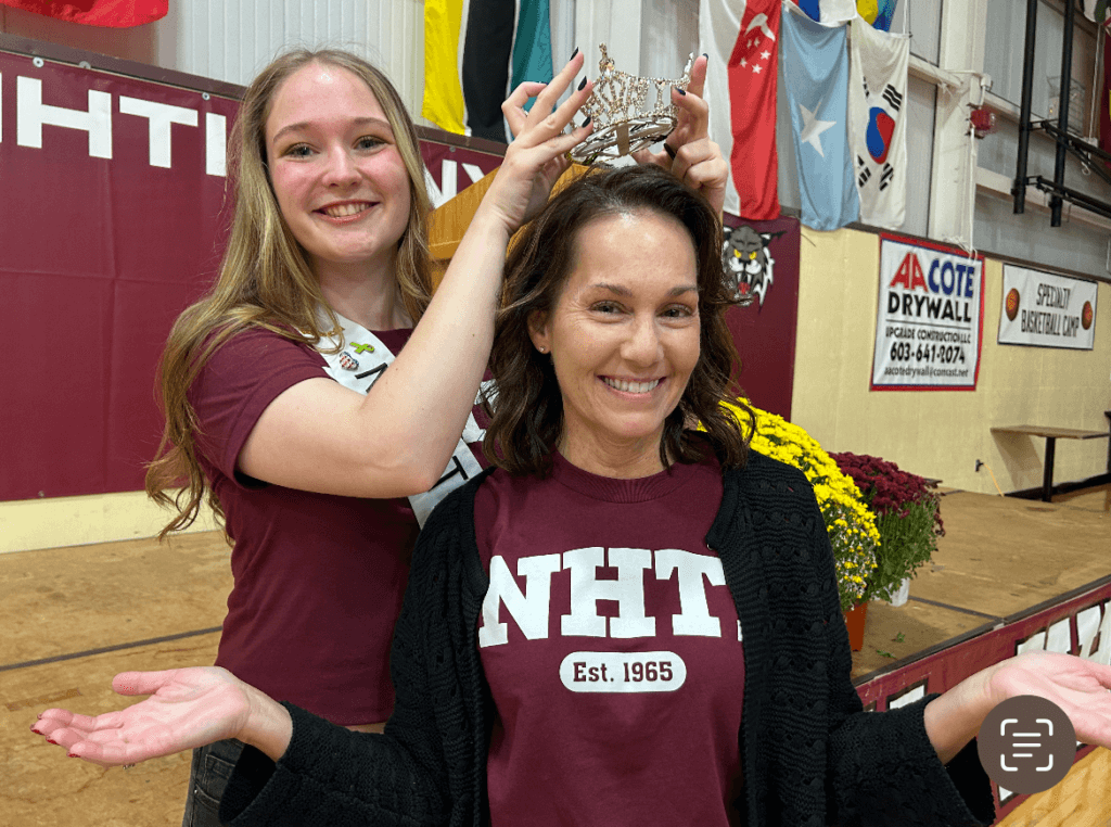 NHTI student and Miss New Hampshire contestant Jillian Mars (left) jokes with Marsha Bourdon, NHTI business officer, during a campus event.