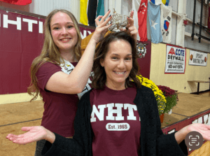 NHTI student and Miss New Hampshire contestant Jillian Mars (left) jokes with Marsha Bourdon, NHTI business officer, during a campus event.