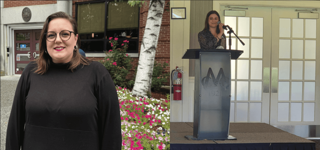 Heather McCandless (L) who received the NHBA’s 2026 Paralegal Professionalism Award, stands outside the New Hampshire Public Defender’s Concord office. Raquel Lopez (R) accepted the PANH’s Peer-to-Peer Award on stage at this year’s PANH annual meeting.